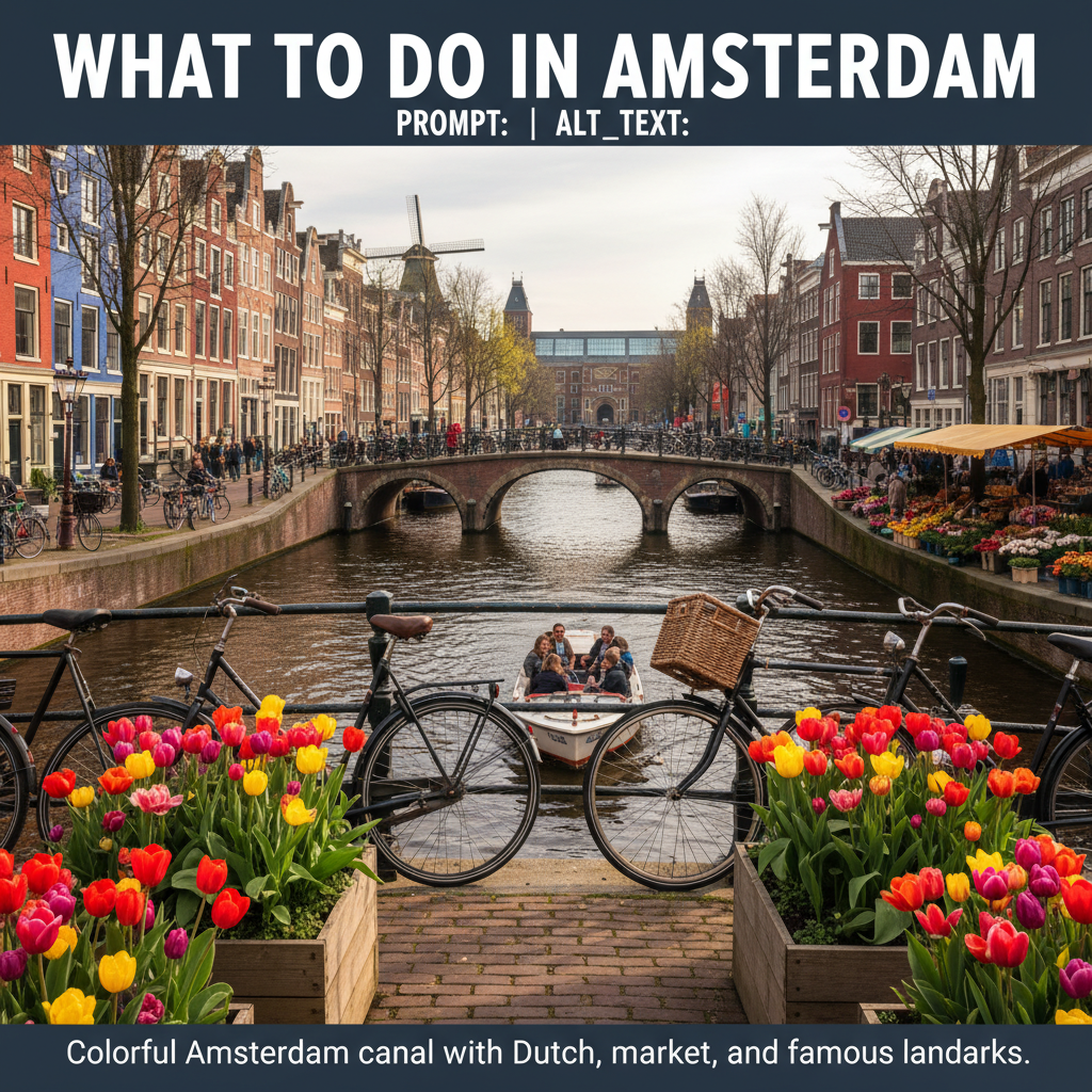 alt_text Colorful Amsterdam canal with Dutch houses, bikes, tulips, boats, market, and famous landmarks.