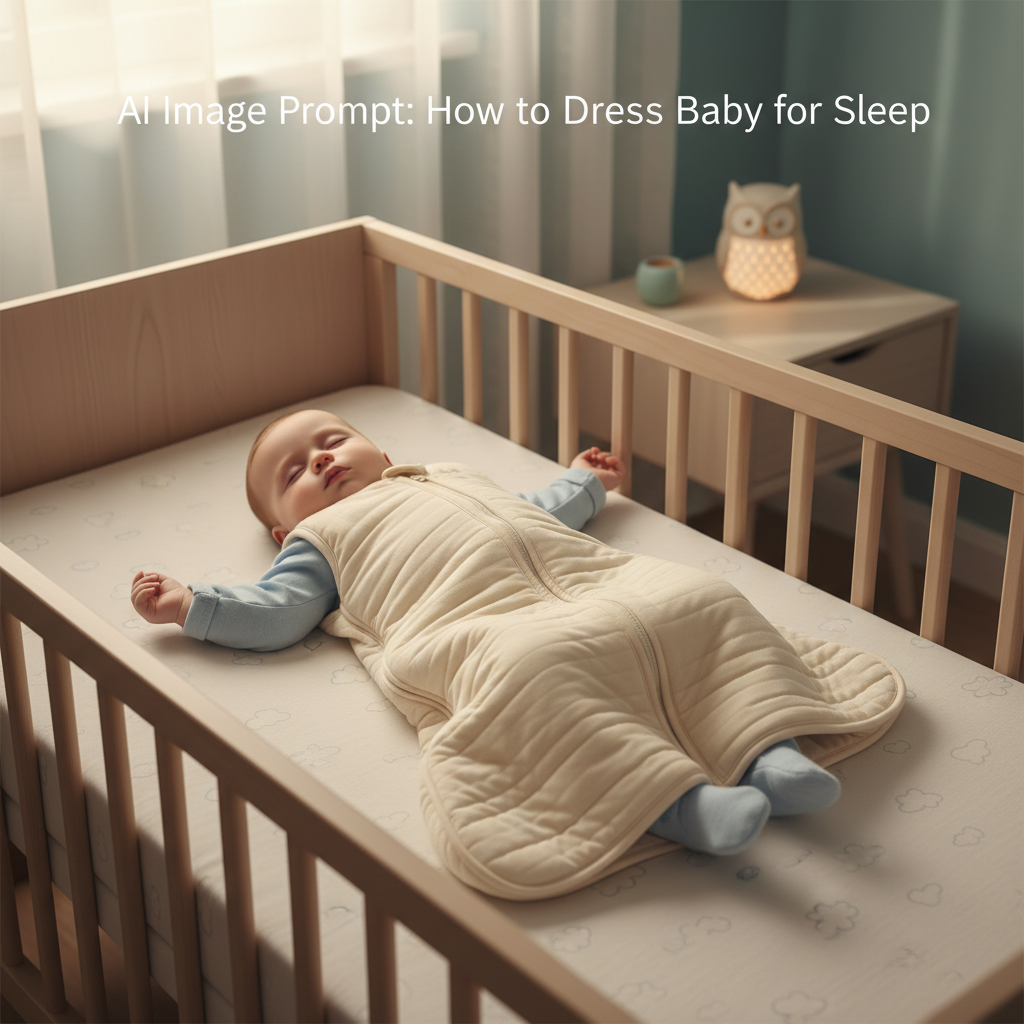 alt_text Sleeping baby in a cozy crib, dressed safely for sleep; warm onesie, soft lighting, no loose items.