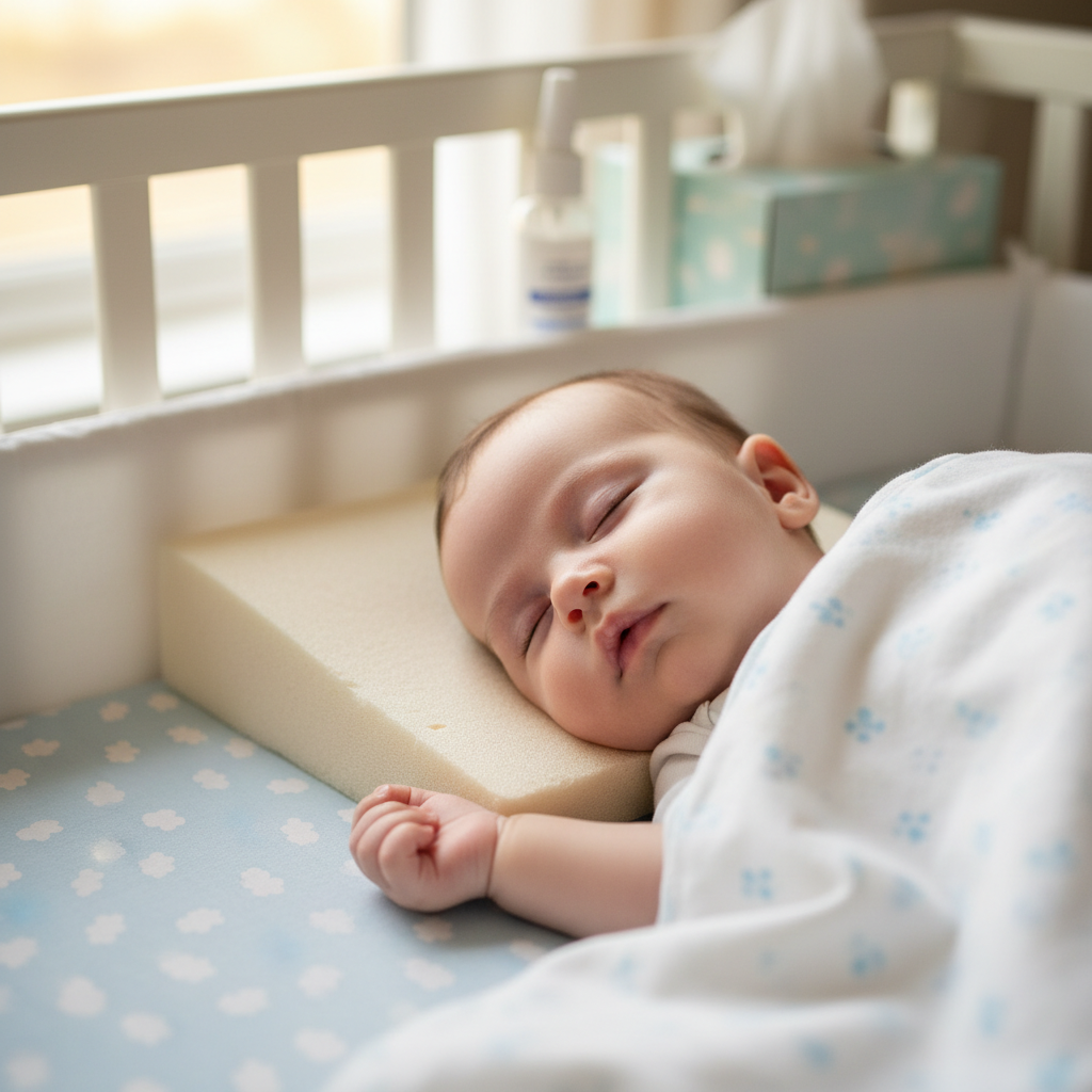 Baby sleeping on back with head slightly elevated in a safe crib, showing tips for stuffy nose relief.