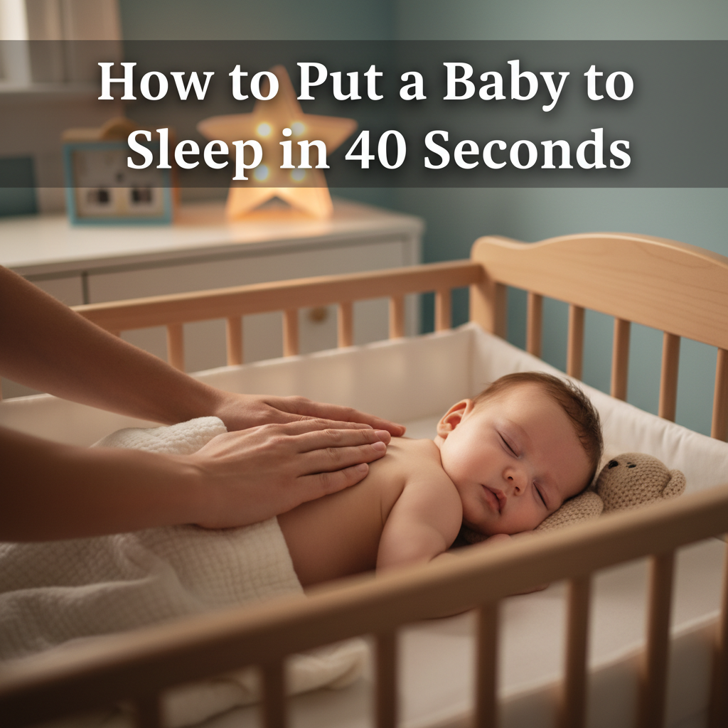 alt_text Parent calmly soothes baby to sleep in cozy nursery; gentle touch, peaceful vibe, "How to Put a Baby to Sleep in 40 Seconds" overlay.