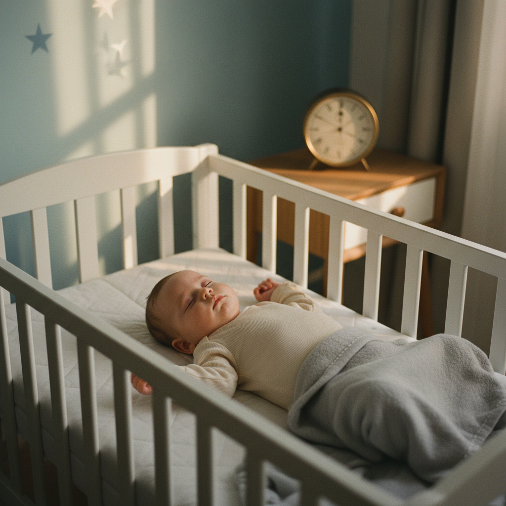 A peacefully sleeping baby in a cozy crib at night, with a clock showing 2:00 a.m. in a serene nursery.