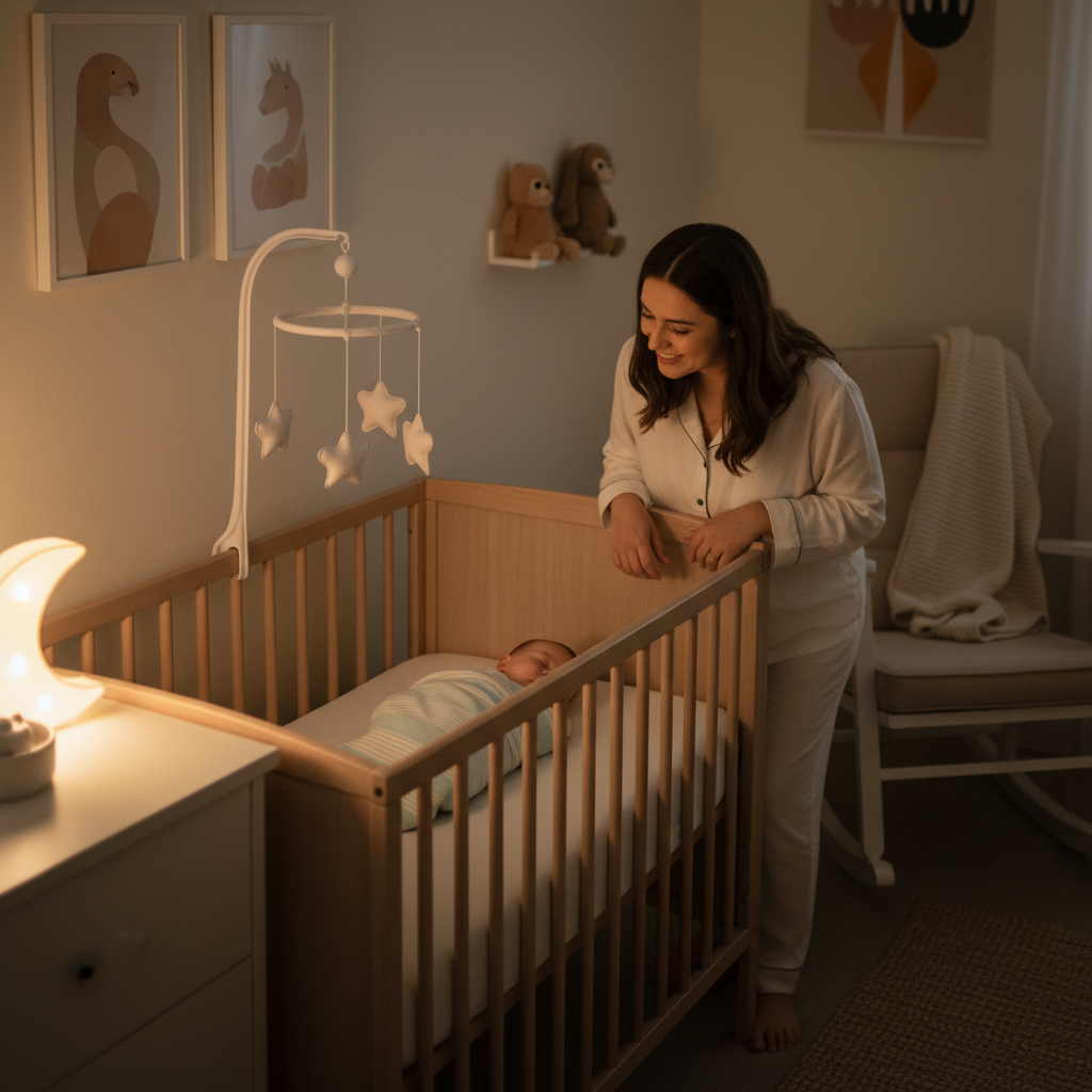 A peaceful nursery at night with a sleeping baby in a crib and a loving parent nearby.