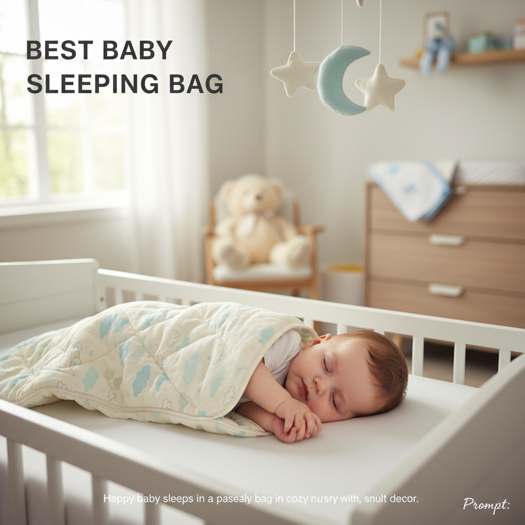 alt_text: Happy baby sleeps in a pastel sleeping bag in a cozy, sunlit nursery with soft, soothing decor.