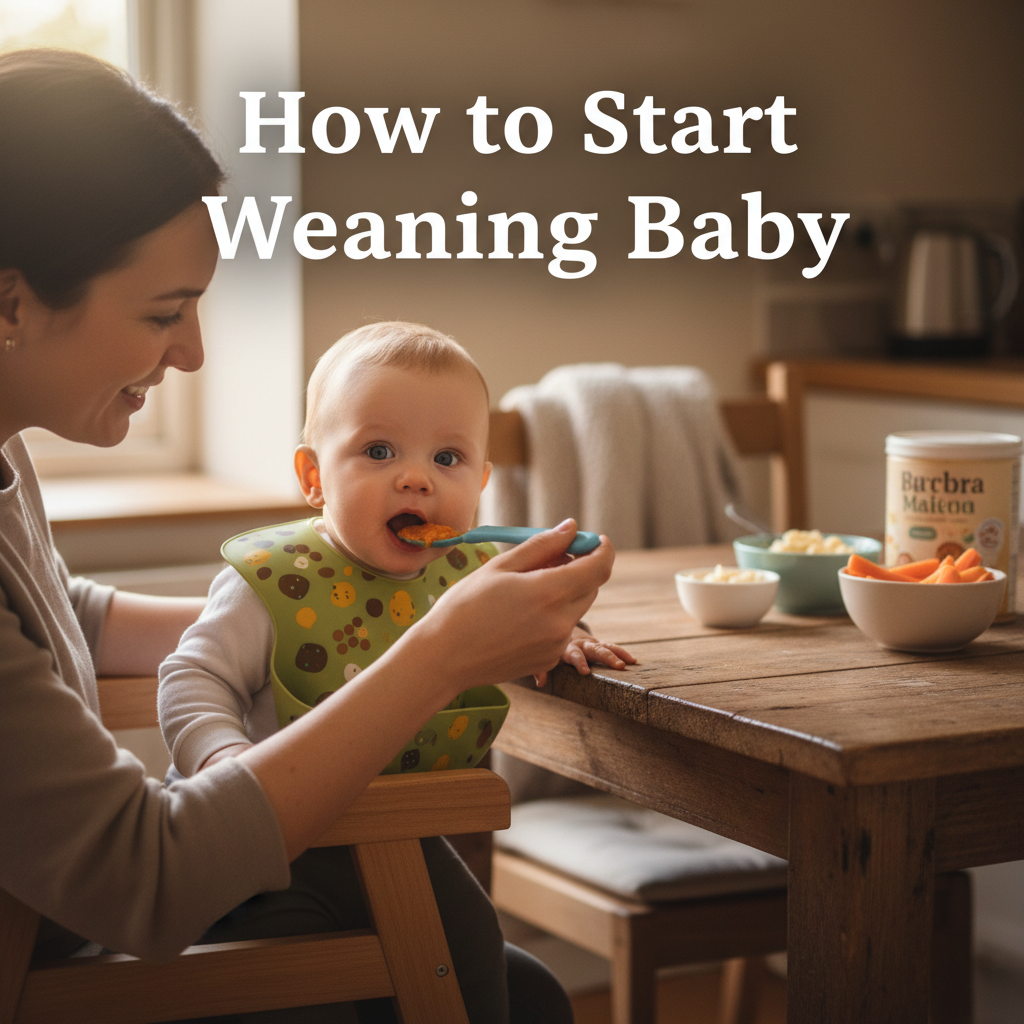 How to Start Weaning Baby: Parent gently introduces first solid foods in a warm, supportive kitchen setting.