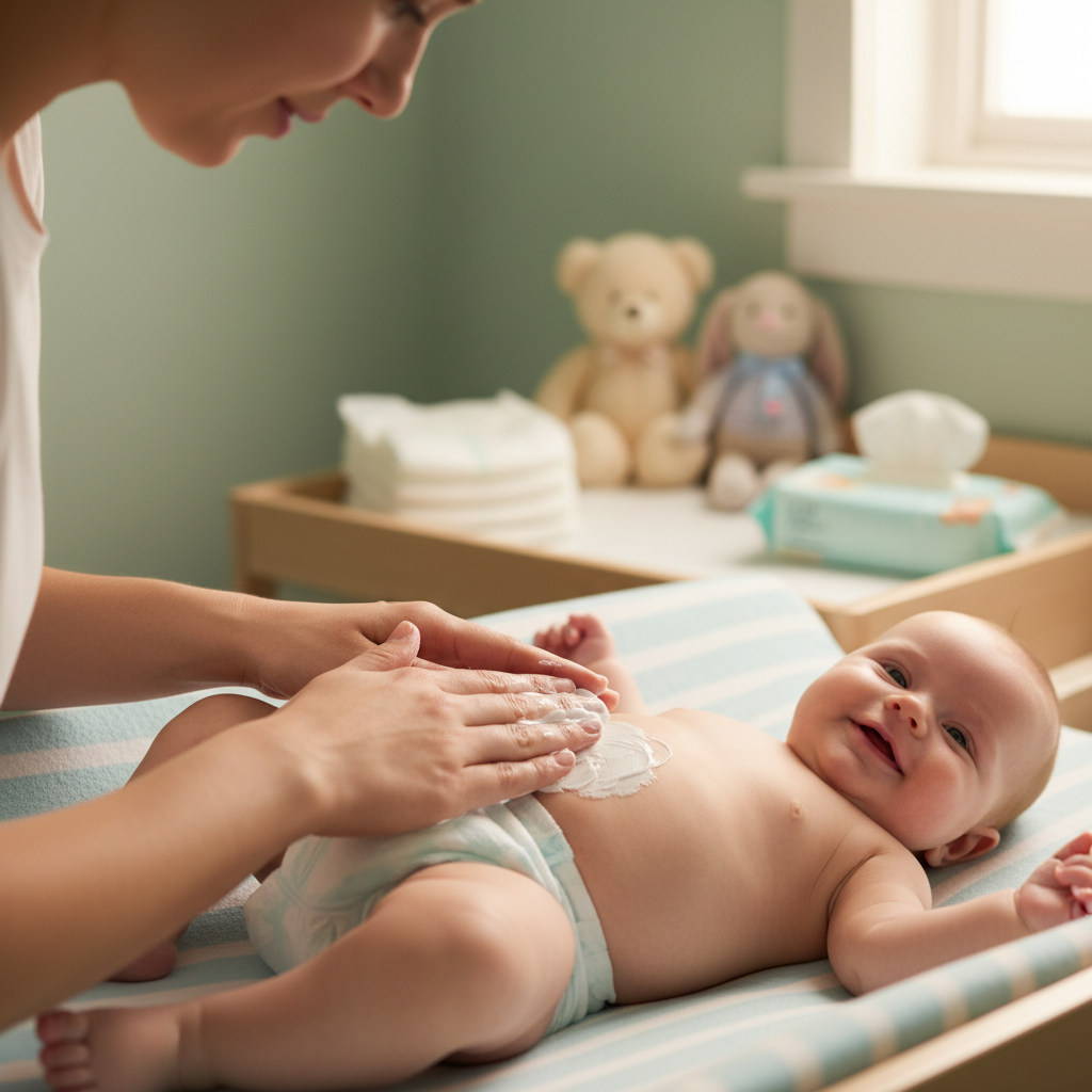Parent gently applies cream to smiling baby with nappy rash in a warm, soothing nursery setting.