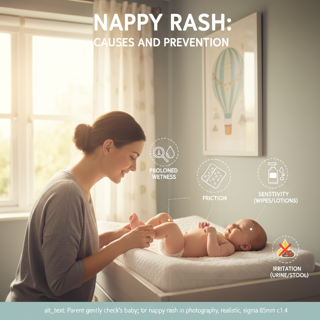 alt_text Parent gently checks baby’s bottom; visual icons highlight causes of nappy rash in a calming nursery.