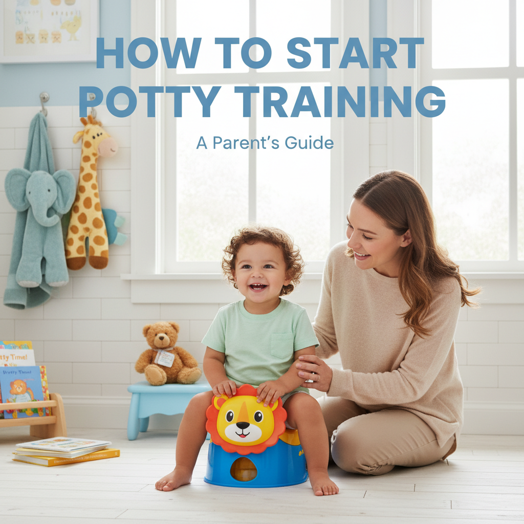 Toddler happily potty training with parental support in a bright, cheerful, child-friendly bathroom.