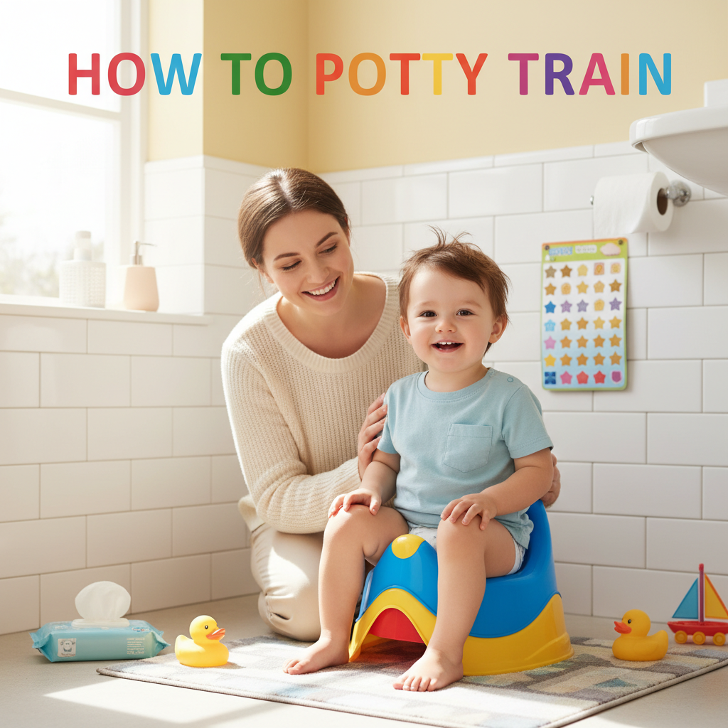 Happy toddler on a potty with a smiling parent in a bright bathroom, starting the potty training journey.