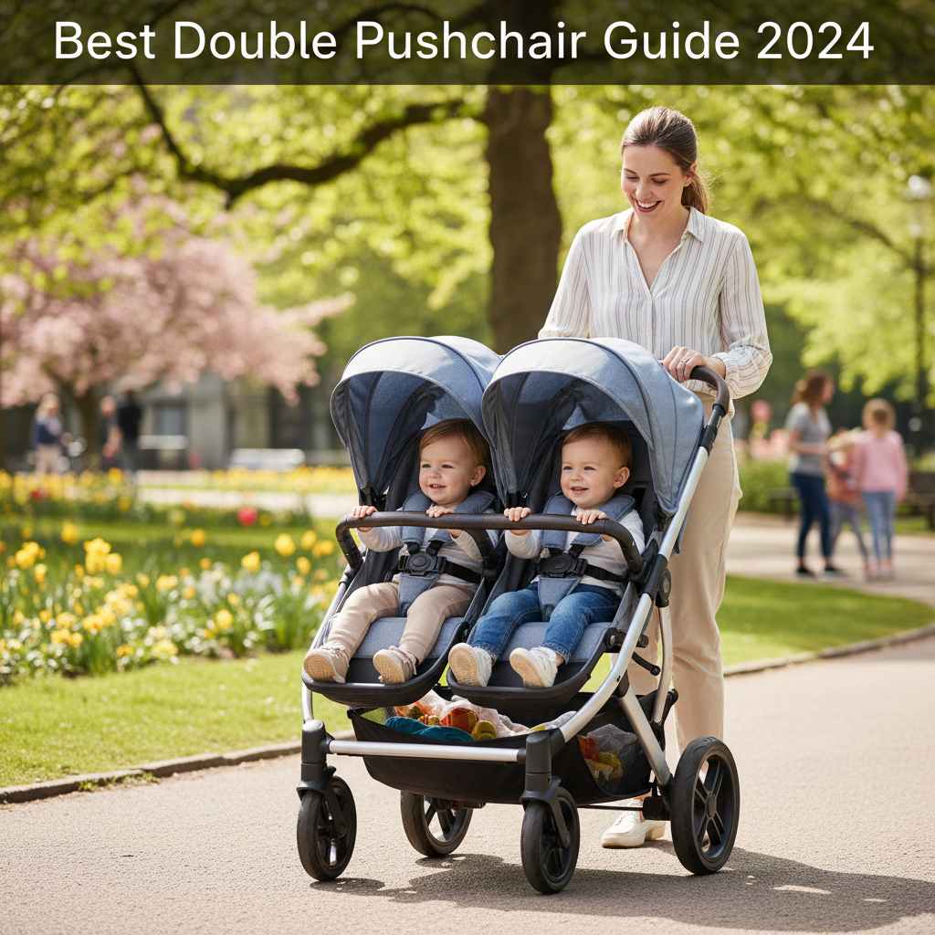Stylish double pushchair with two kids, happy parent in park; "Best Double Pushchair Guide 2024"