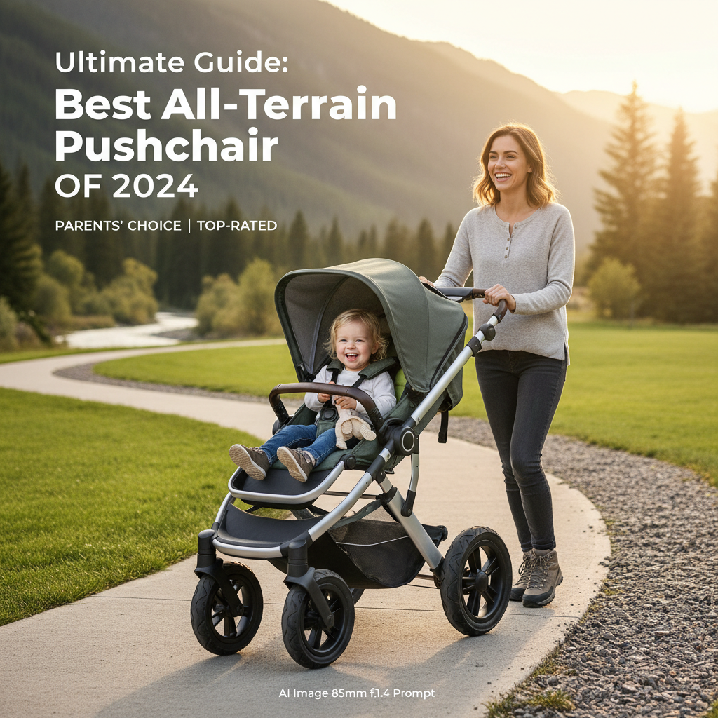Best All-Terrain Pushchair 2024: Stylish stroller with parent and child on mixed outdoor terrain.