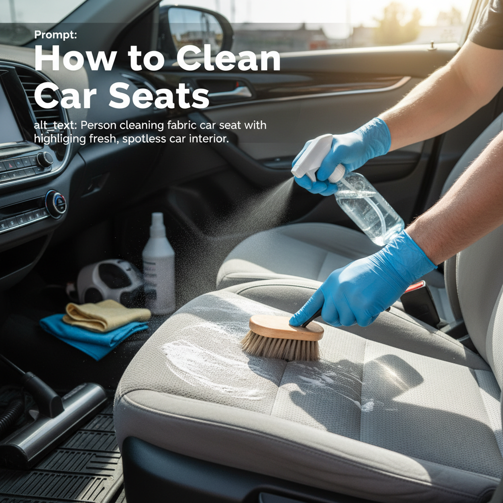alt_text Person cleaning fabric car seat with brush and spray, highlighting fresh, spotless car interior.