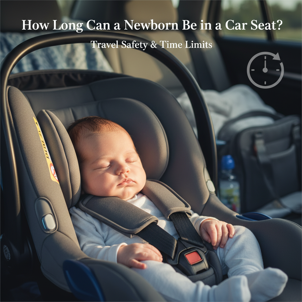 Newborn safely secured in a car seat with a timer icon, highlighting travel safety and time limits.