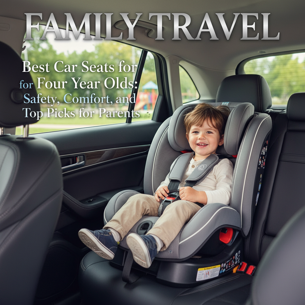 Best car seats for four-year-olds: Safe, comfortable seat, happy child, and modern car interior.