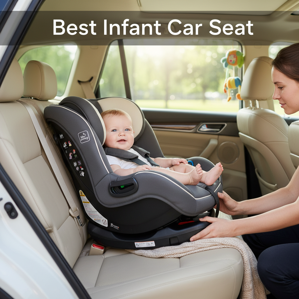 alt_text A happy baby buckled in a modern infant car seat inside a clean, family-friendly car’s cozy back seat.