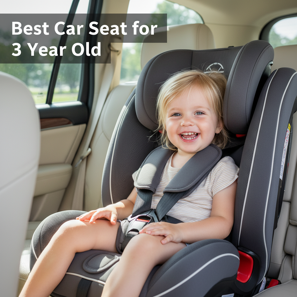 Happy 3-year-old safely buckled in a plush, modern car seat in a bright, clean family car.