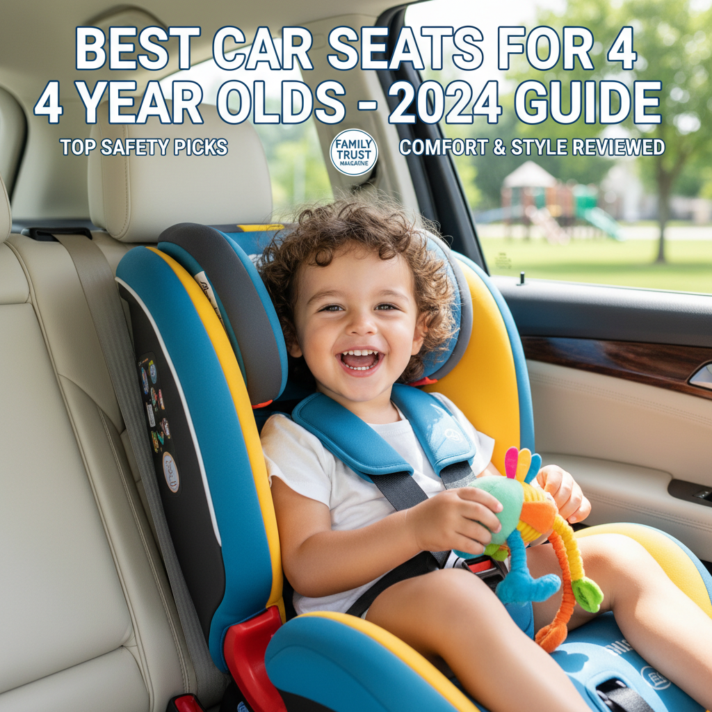 Happy child in a colorful car seat, magazine cover: "Best Car Seats for 4 Year Olds – 2024 Guide"