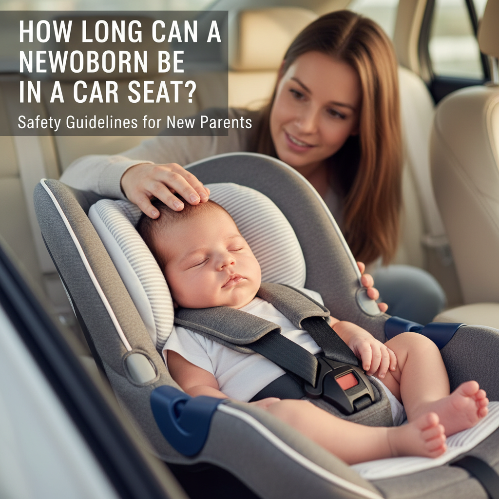 A newborn peacefully secured in a car seat while a parent checks on them, emphasizing car seat safety.