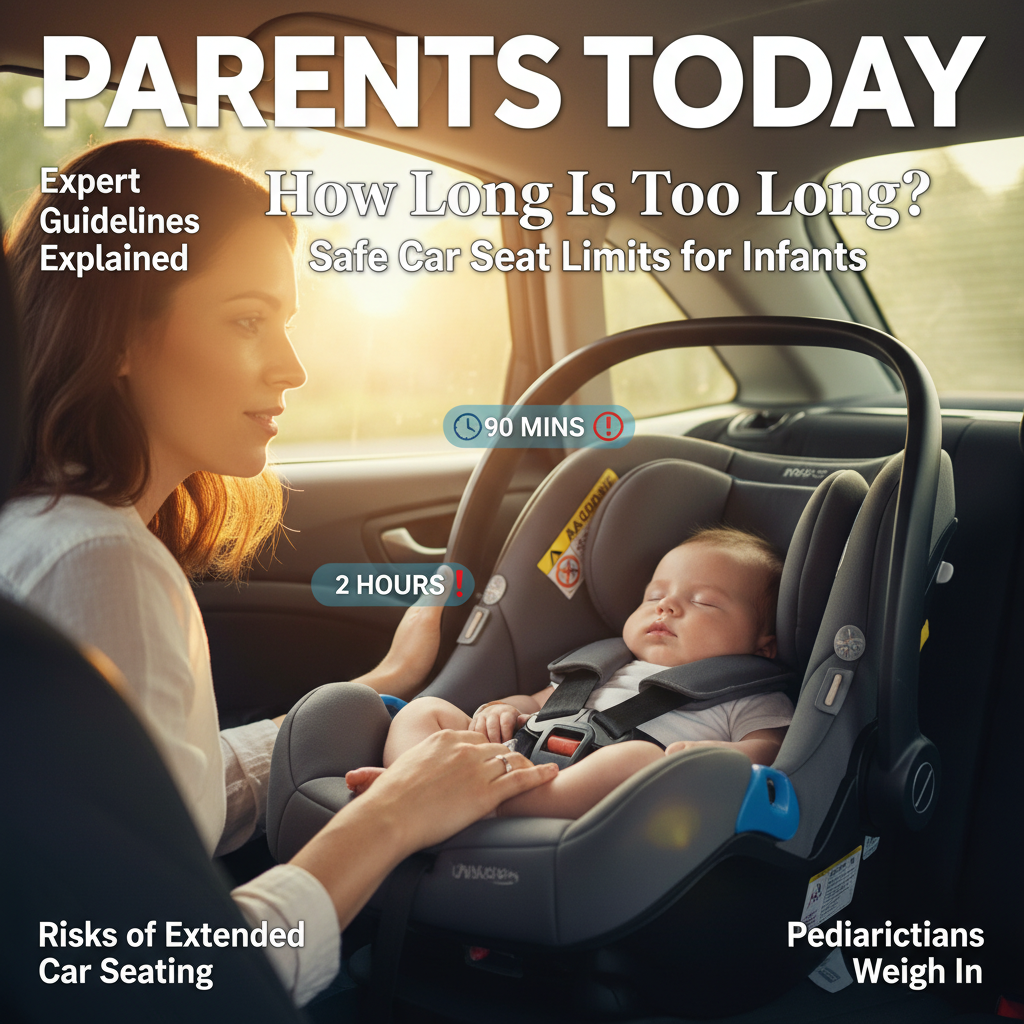 Parent watches baby in car seat; magazine cover asks: How long is safe for infants in car seats?