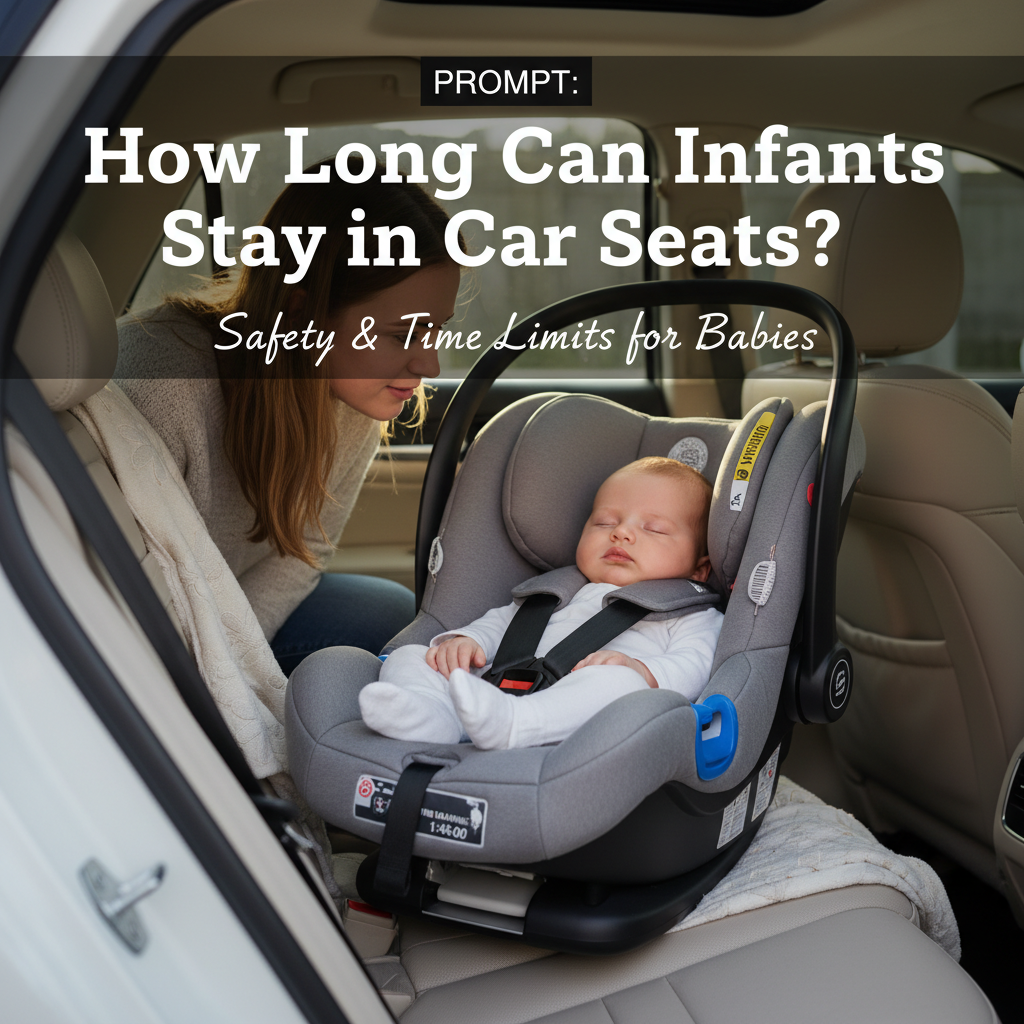 Parent checks sleeping infant in car seat, highlighting safety and time limits for babies in cars.