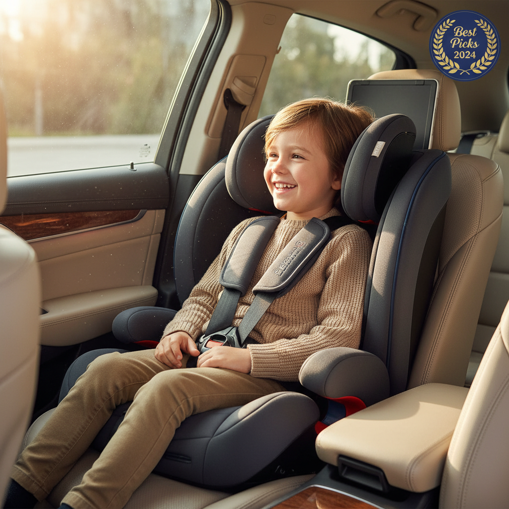 A smiling child sits safely in a booster car seat in a sunlit car, “Best Picks 2024” badge shown.