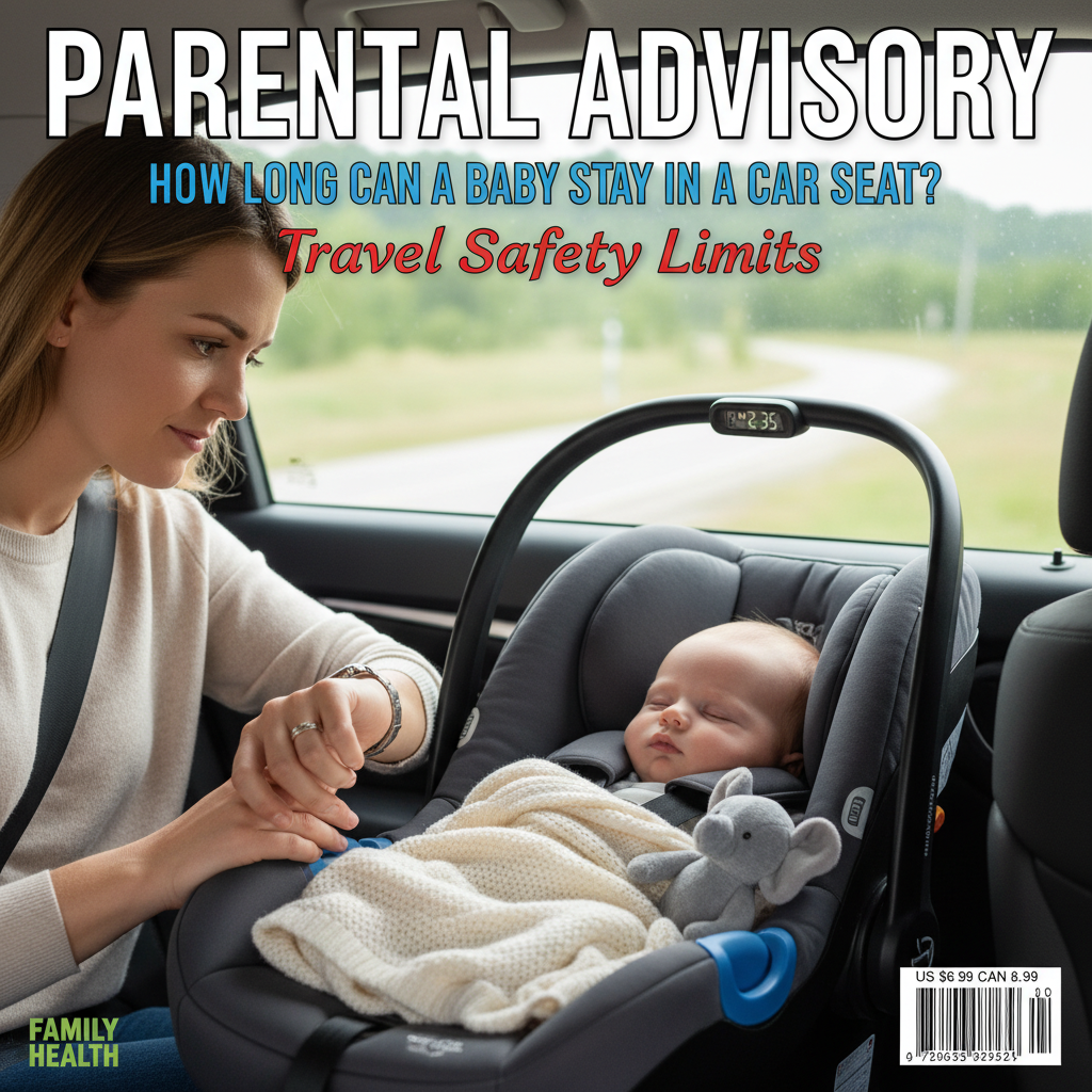 A parent checks the time while their baby sleeps safely in a car seat, highlighting travel safety limits.