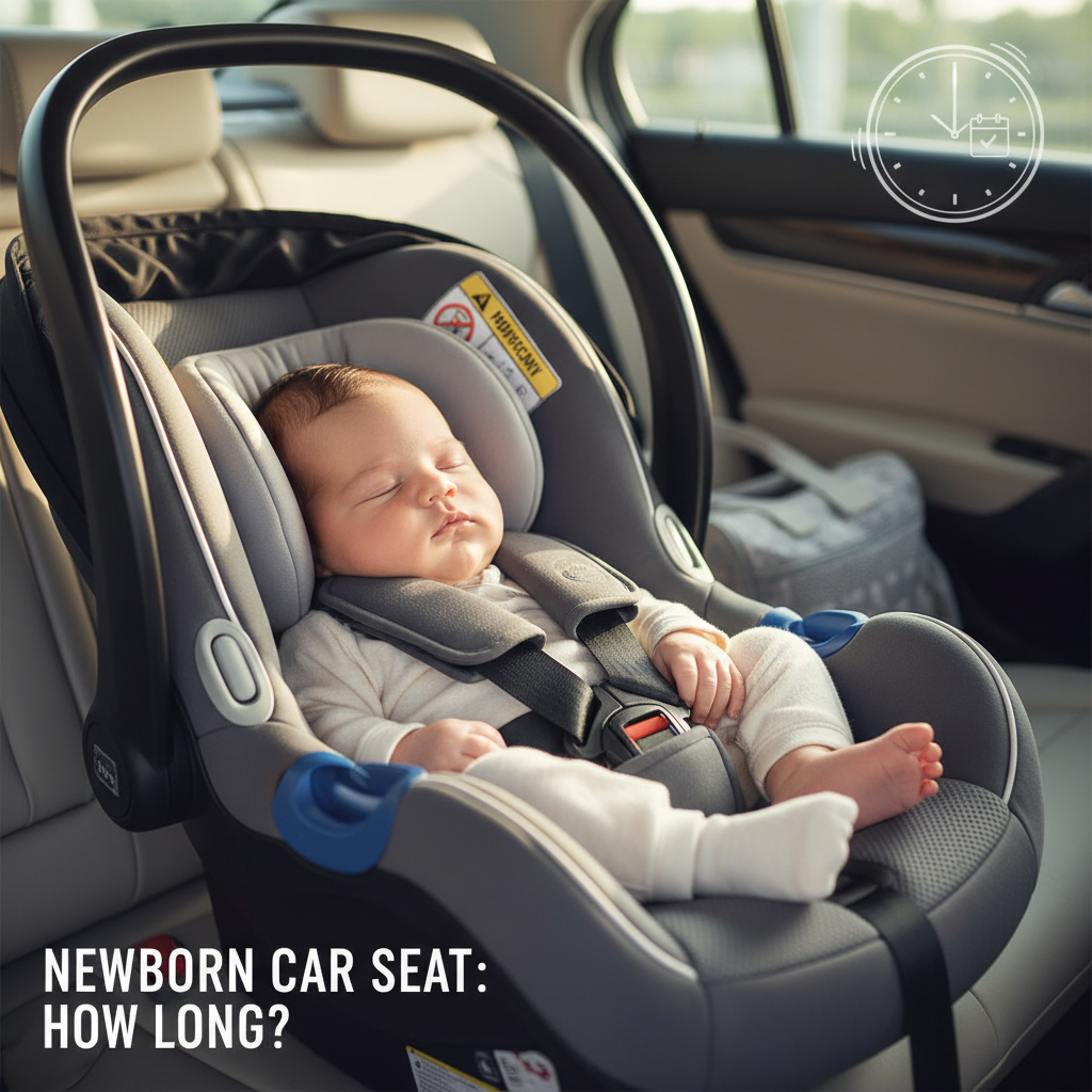 Newborn baby safely strapped in car seat with clock icon, highlighting car seat duration for infants.