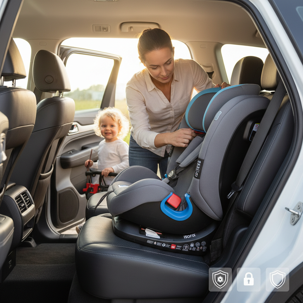 Parent installing a child car seat in a modern car, showing safe and careful setup for families.