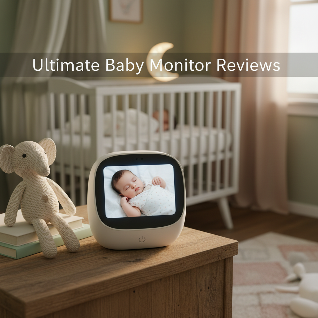 alt_text: Modern baby monitor on nightstand, screen shows sleeping baby; cozy, calm nursery atmosphere.