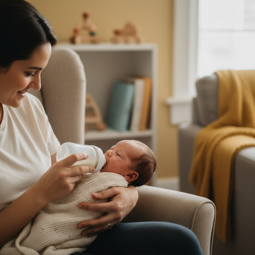 A caring parent bottle-feeds a content newborn in a cozy, softly-lit home, radiating warmth and safety.