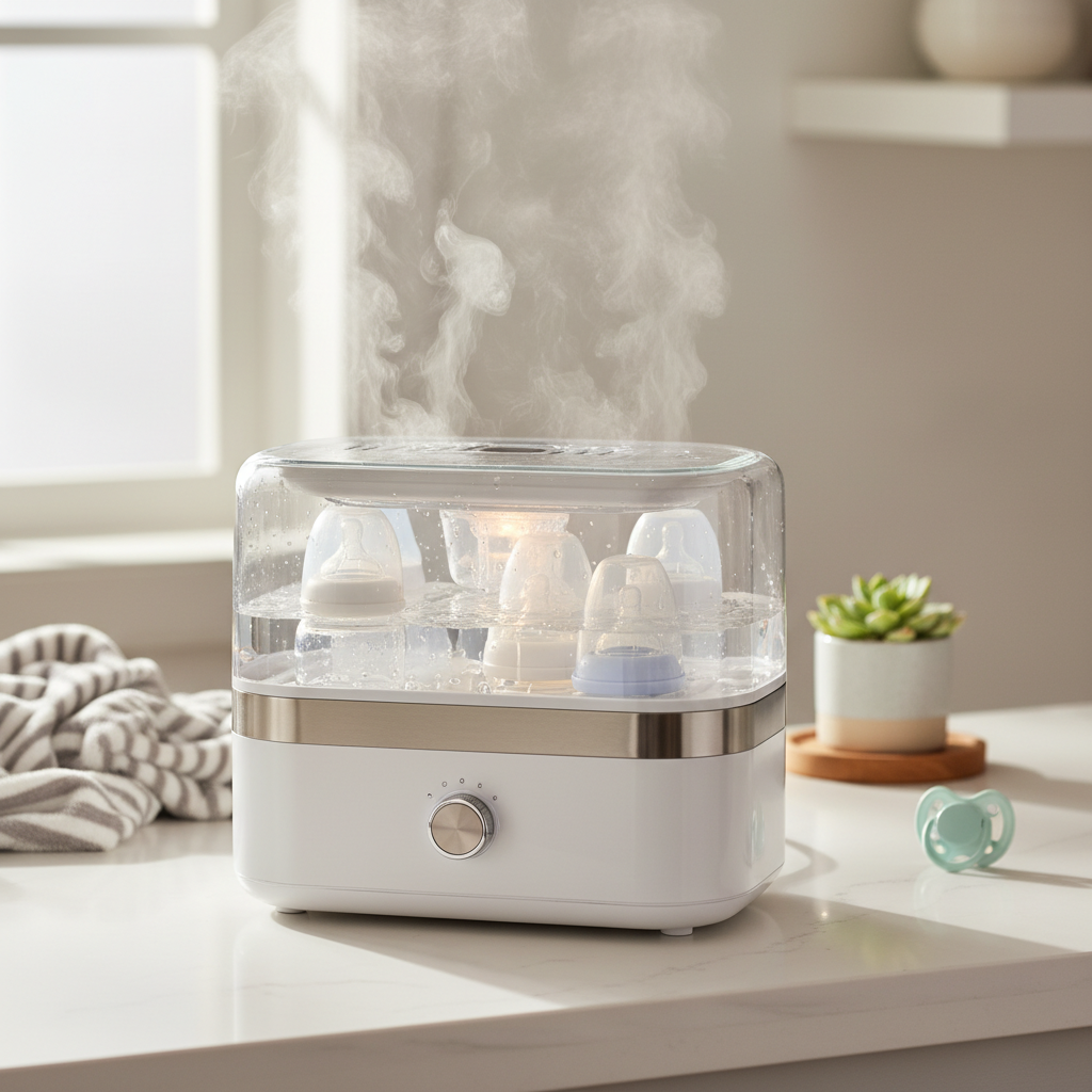 A modern bottle sterilizer steaming on a clean kitchen counter with baby essentials in the background.