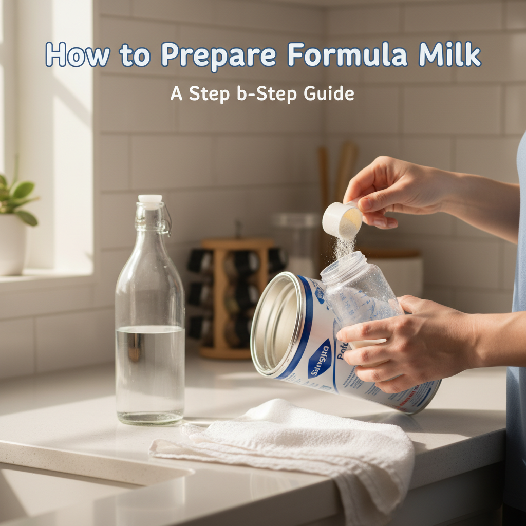 Parent preparing formula milk in a clean kitchen with clear, family-friendly instructions on the cover.
