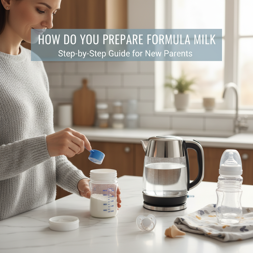 A parent prepares formula milk in a bright kitchen, measuring powder into a baby bottle for feeding.