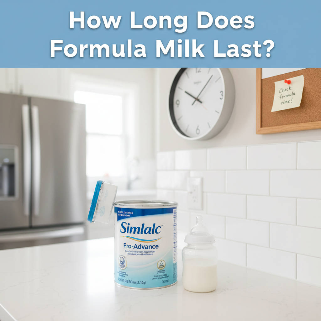 How Long Does Formula Milk Last? Clean kitchen scene with formula, bottle, clock, and reminder note.