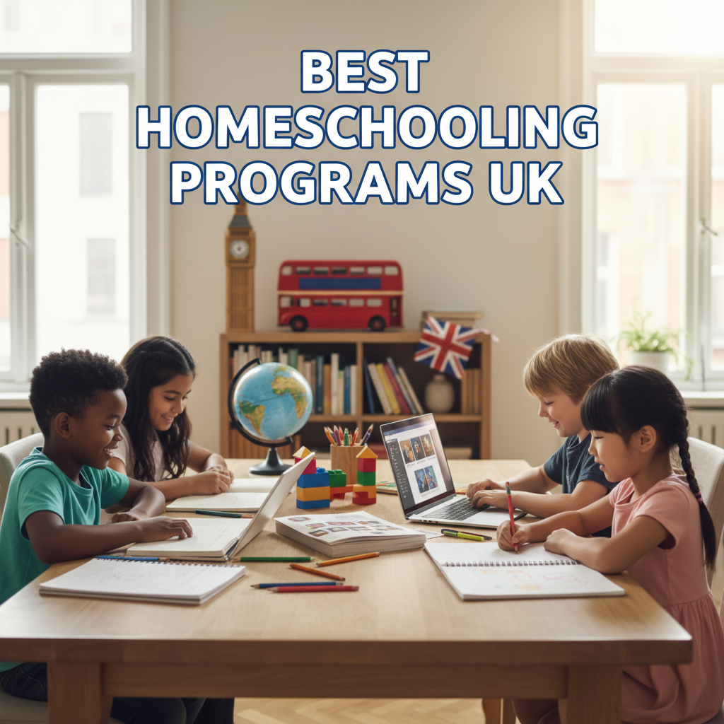 Diverse kids study together with UK icons, showcasing top homeschooling programs in a bright home.