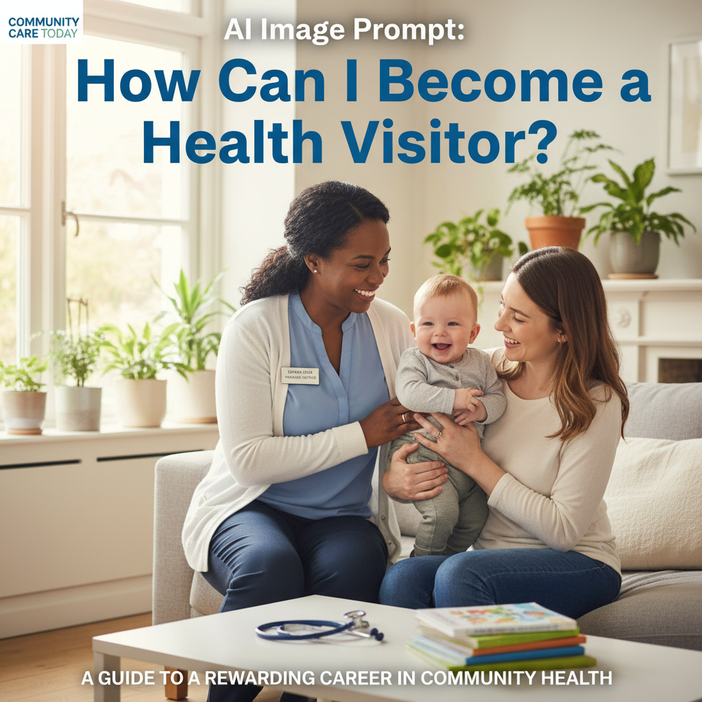 A caring health visitor supports a mother and baby at home, symbolizing trust, care, and community.