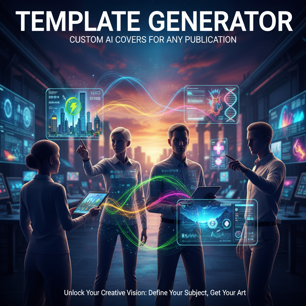 Template for generating custom AI cover images for various publications with user-defined subjects.