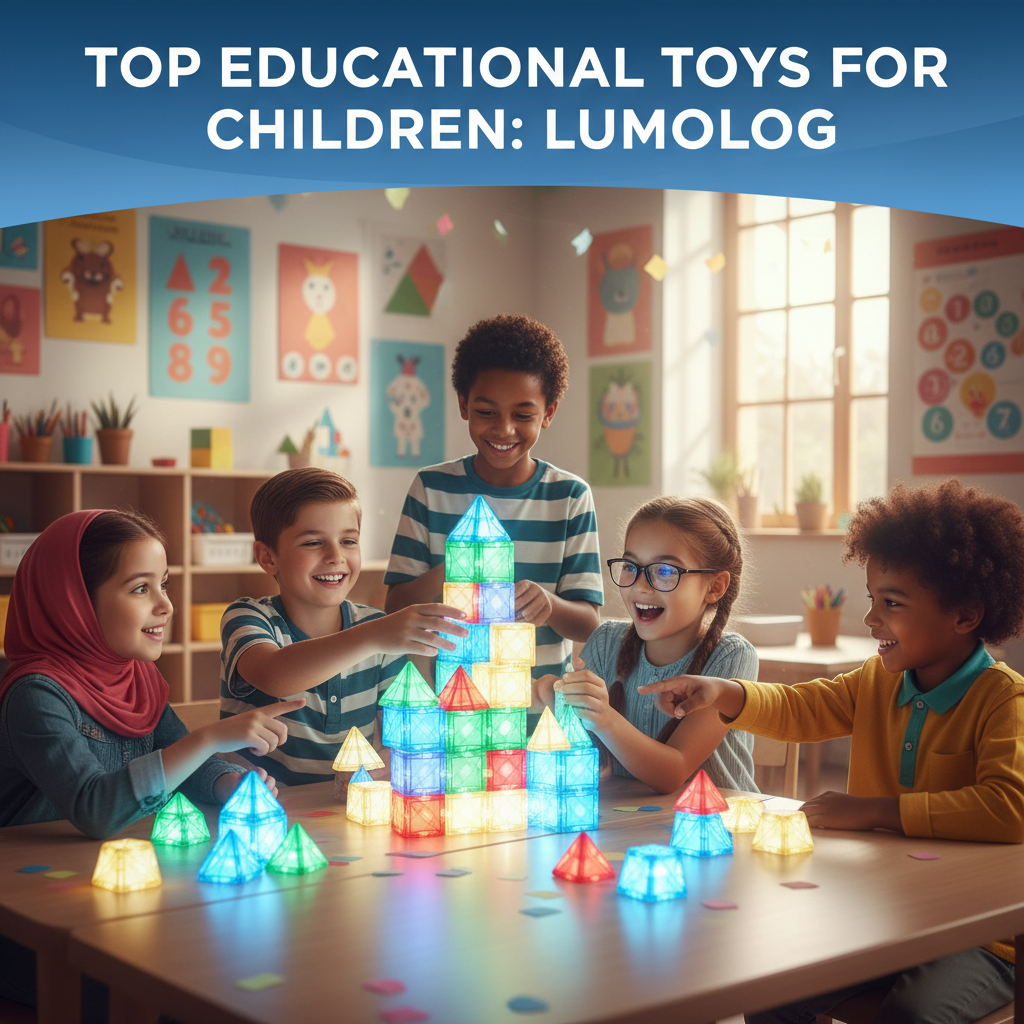 Children playing with glowing Lumolog blocks in a bright classroom, building and learning together joyfully.