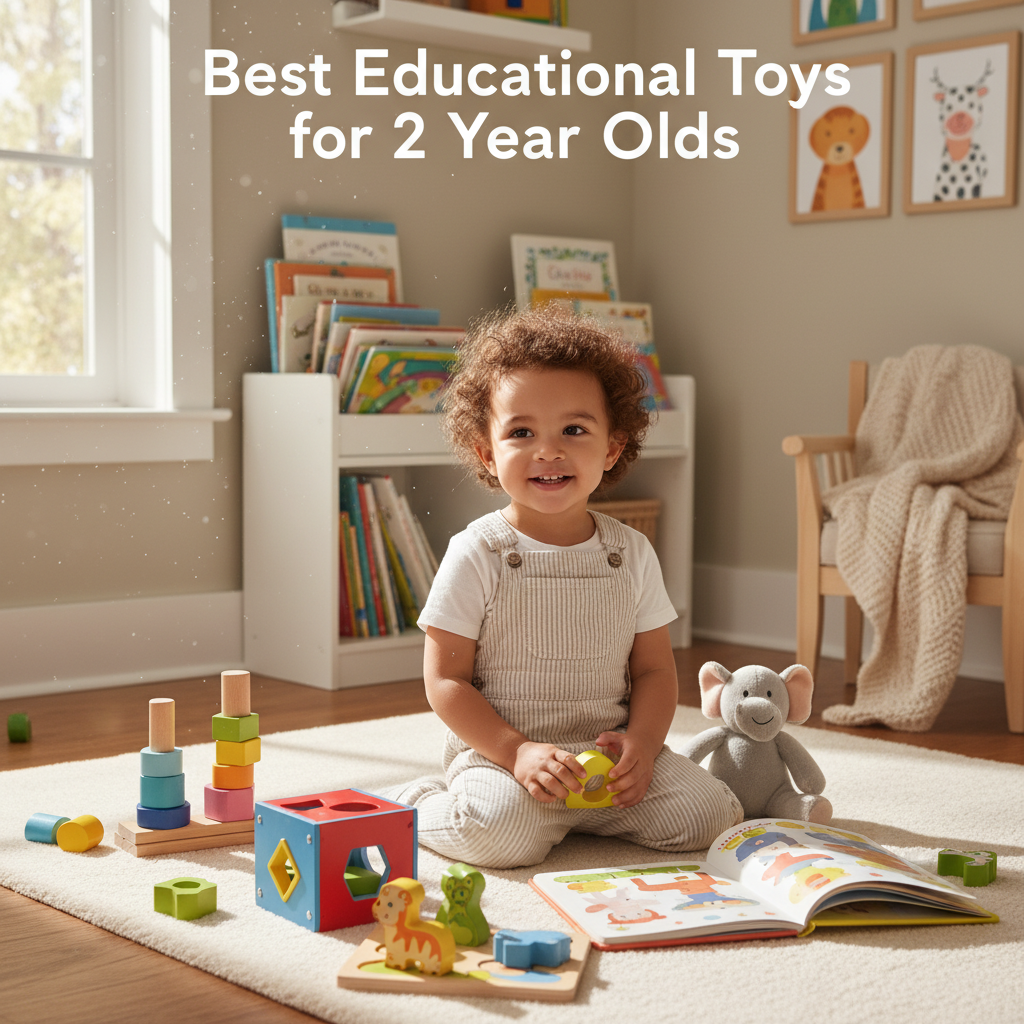 A joyful toddler plays with colorful, educational toys in a bright, inviting playroom for learning.