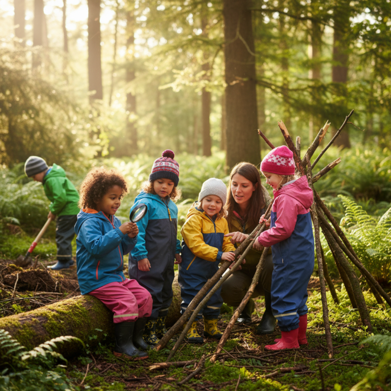 Children and teacher learning outdoors in a sunlit forest, exploring nature and building together.