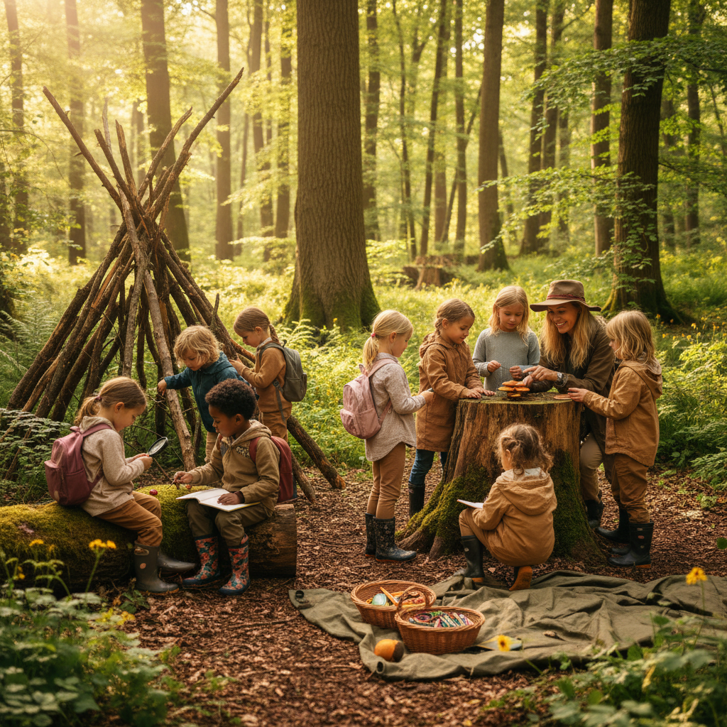 alt_text Children and an educator explore and learn together in a vibrant forest classroom, surrounded by nature.