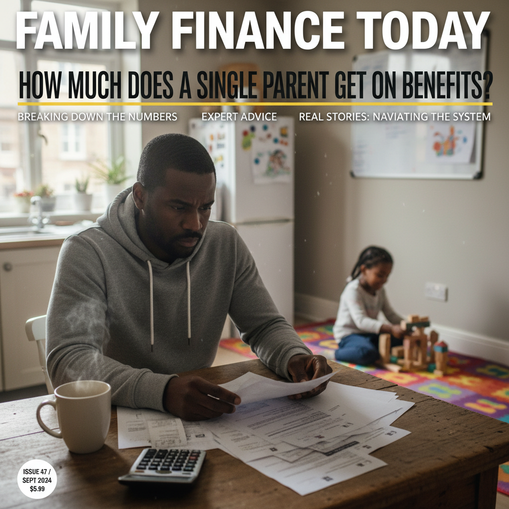Single parent reviews benefits, bills, and expert tips while child plays—focus on family finances.
