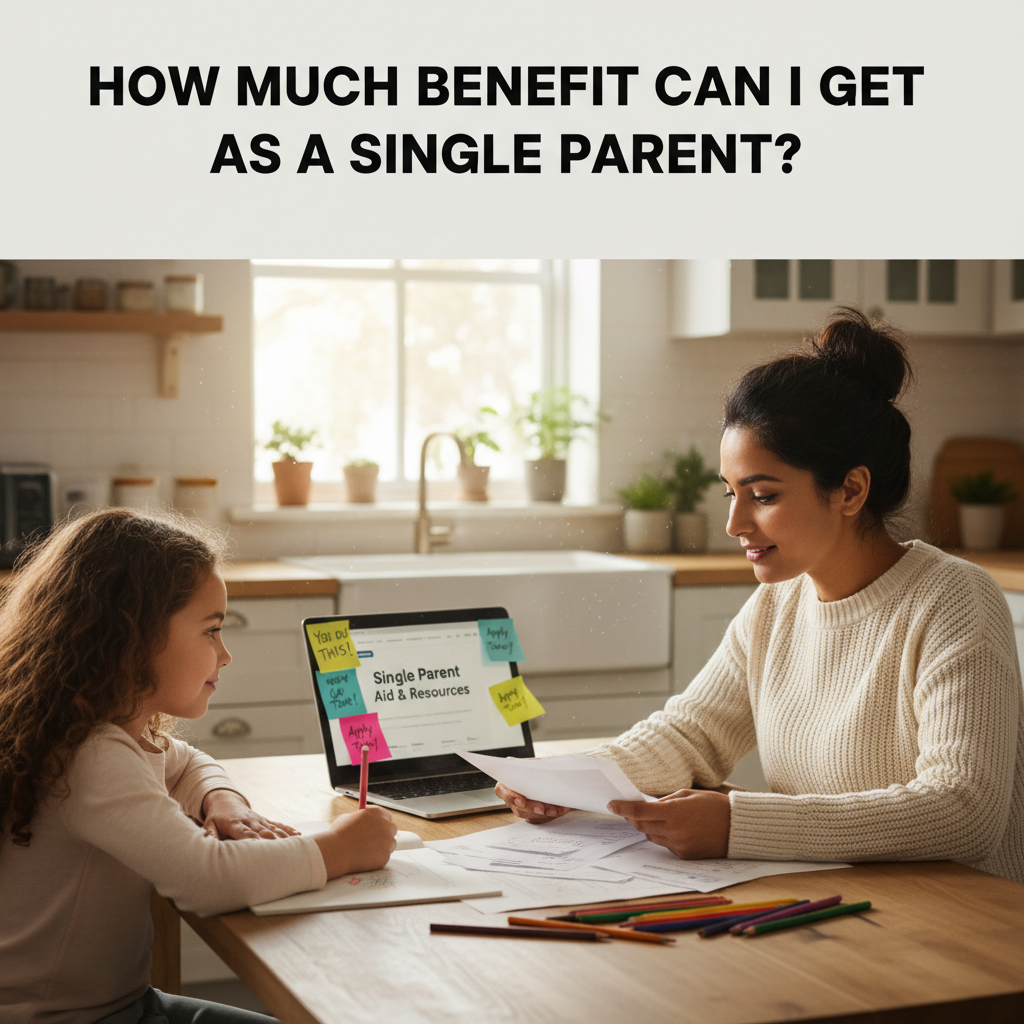 Single parent reviewing benefits at kitchen table while child studies, highlighting hope and support.