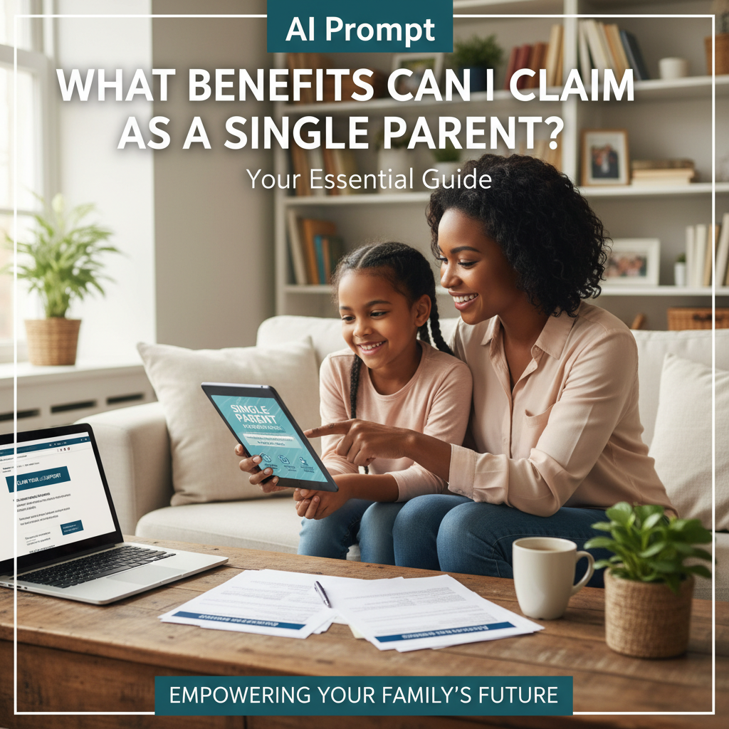 Single parent and child smiling at home, exploring benefit guide on a tablet in a hopeful setting.