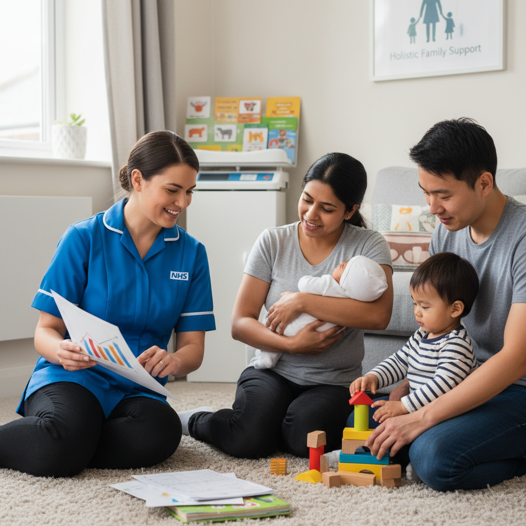 alt_text A health visitor supports a diverse family at home, discussing child growth amid toys and health materials.