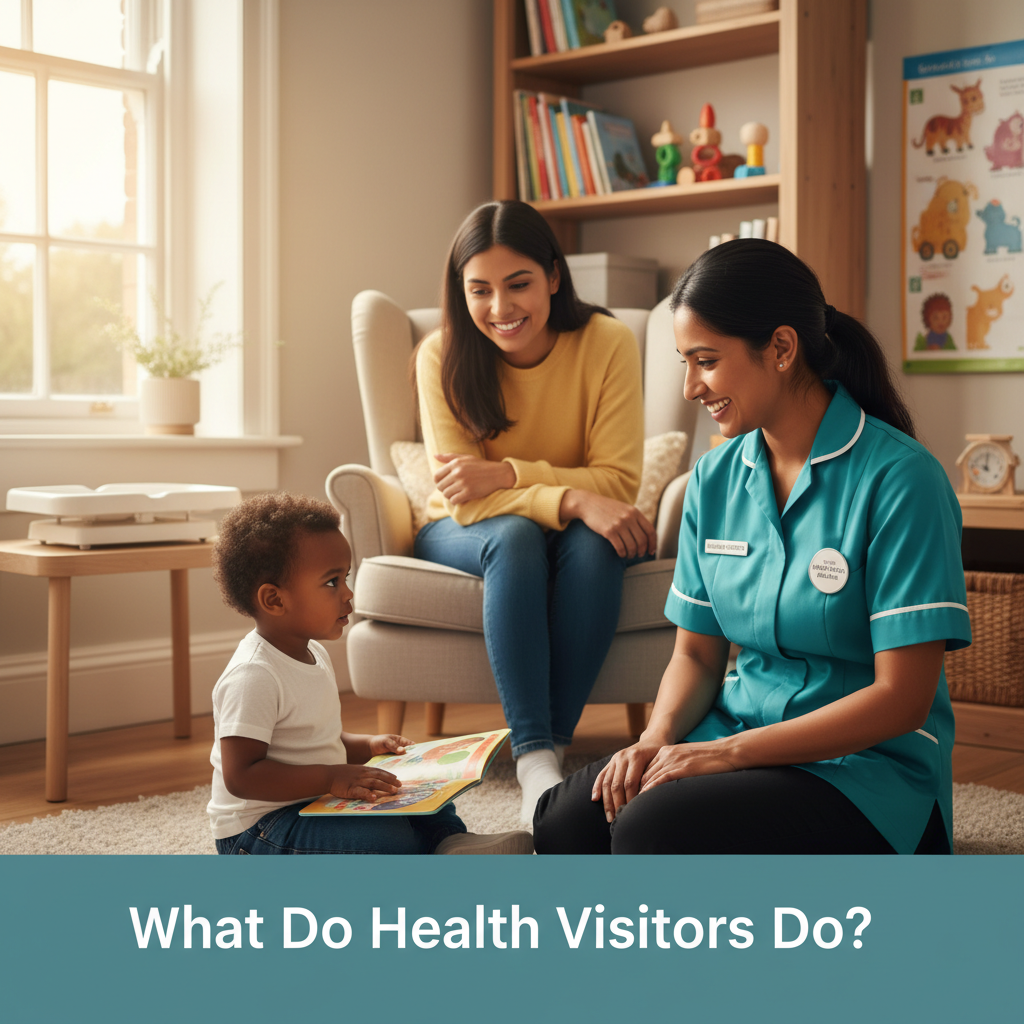 Health visitor supports families, offering guidance in child development at home with care and expertise.