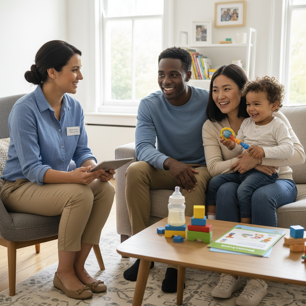 A health visitor supports a family with a young child in a warm, reassuring home visit setting.