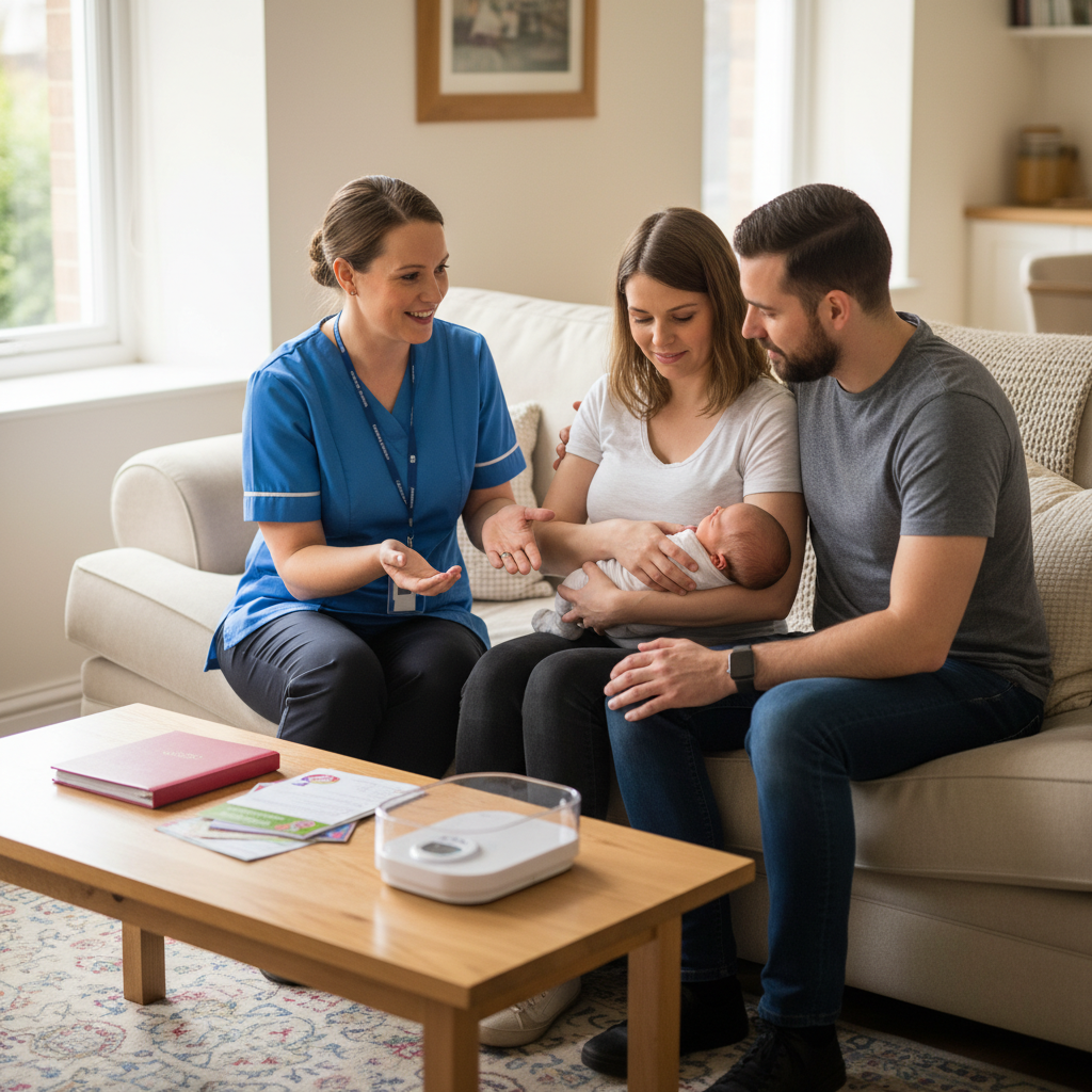 alt_text A health visitor supports new parents with advice during their first home visit in a warm, caring setting.
