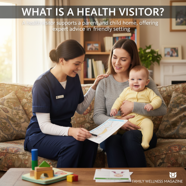 A health visitor supports a parent and child at home, offering expert advice in a friendly setting.