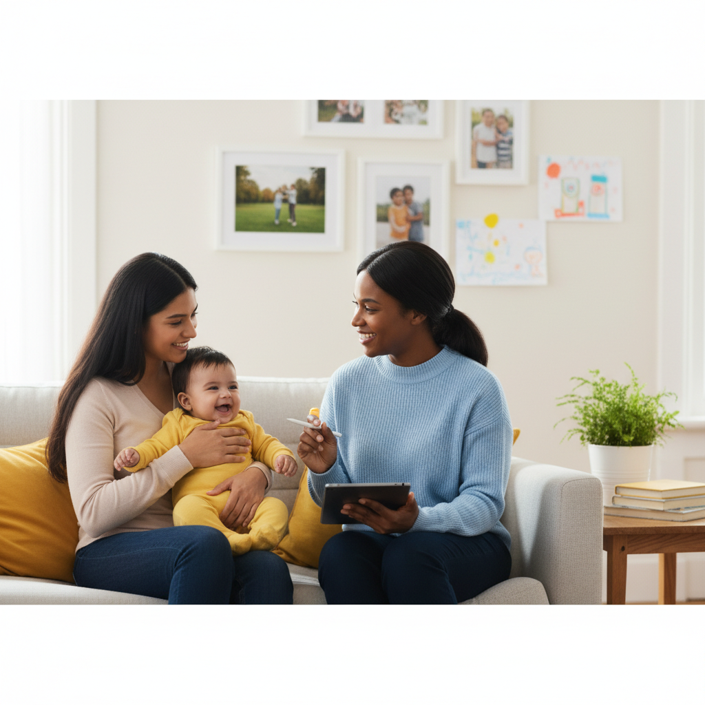 A health visitor supports a young family at home, symbolizing care, guidance, and community support.