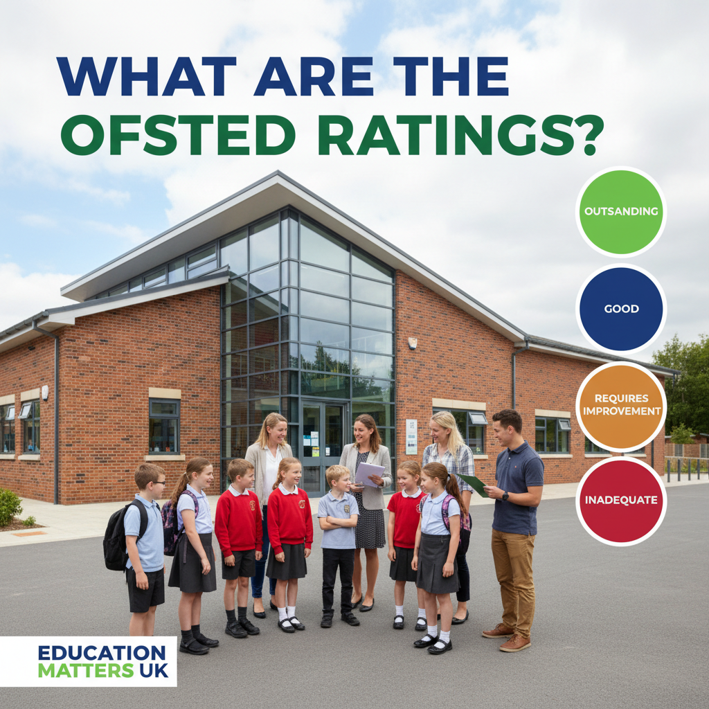 What Are the Ofsted Ratings? Cover with UK school, diverse group, and four color-coded rating badges